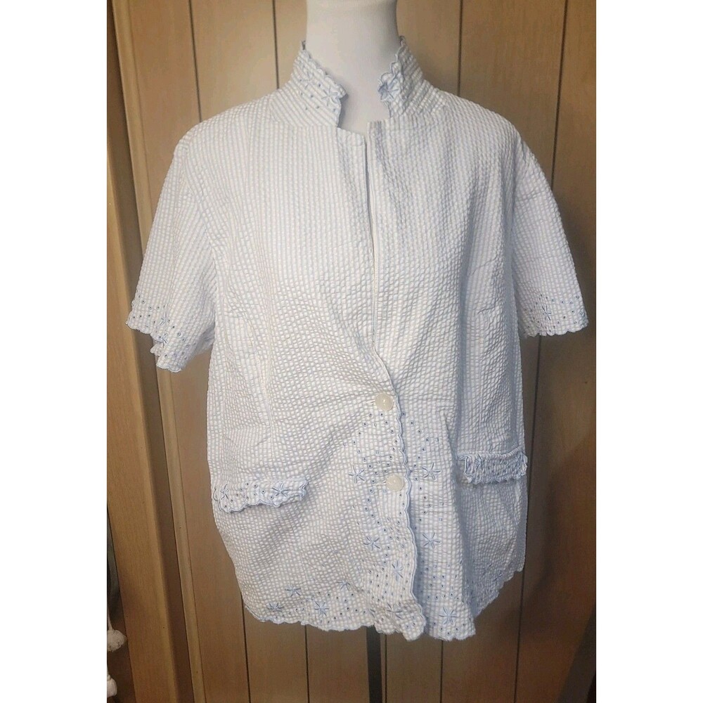 Susan Graver 1X Blue White Seersucker Eyelet Embroidered Button Front Top Jacket